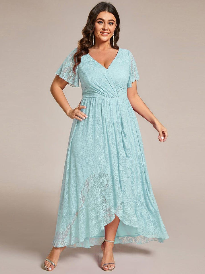 Plus size ruffled lace A-line evening dress with V-neck for women