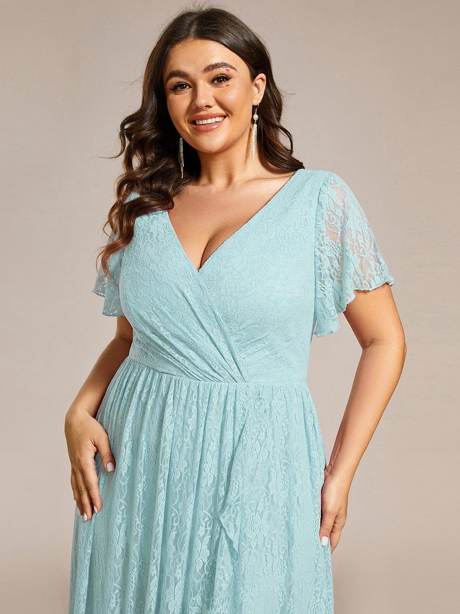 Plus size ruffled lace A-line evening dress with V-neck for women