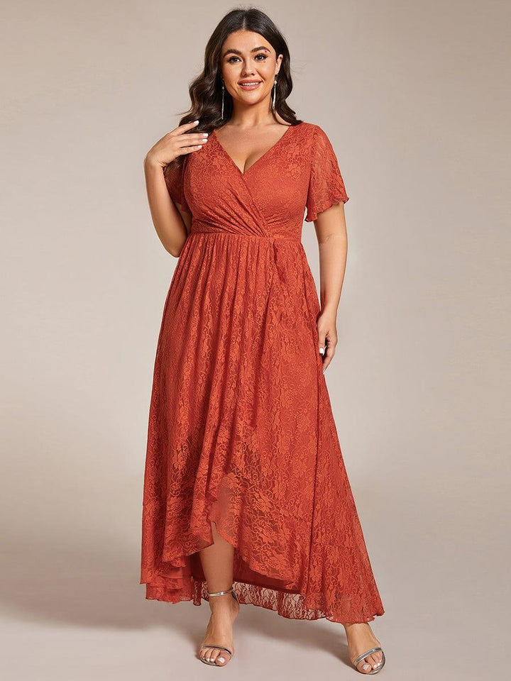 Plus size ruffled lace A-line evening dress with V-neck for women