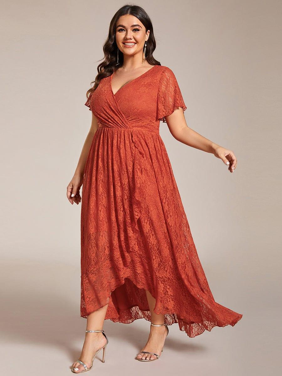 Plus size ruffled lace A-line evening dress with V-neck for women