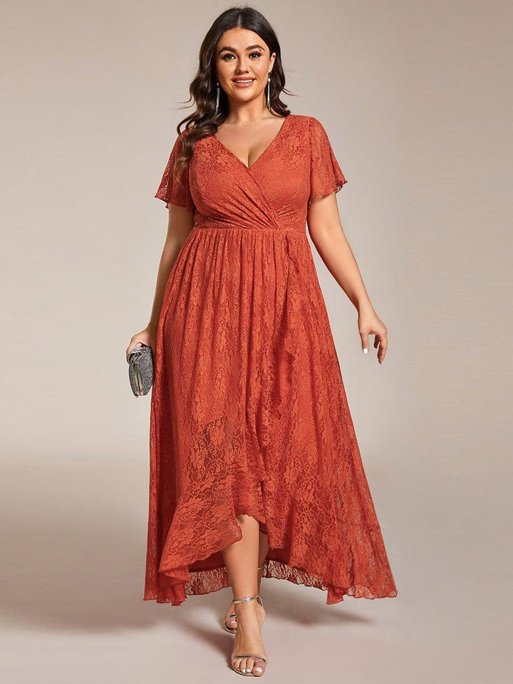Plus size ruffled lace A-line evening dress with V-neck for women