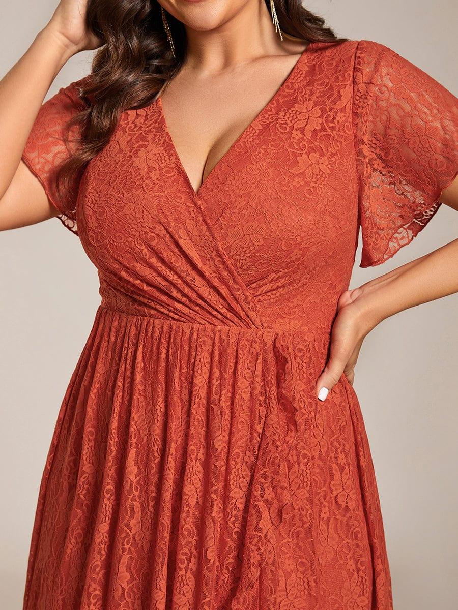 Plus size ruffled lace A-line evening dress with V-neck for women