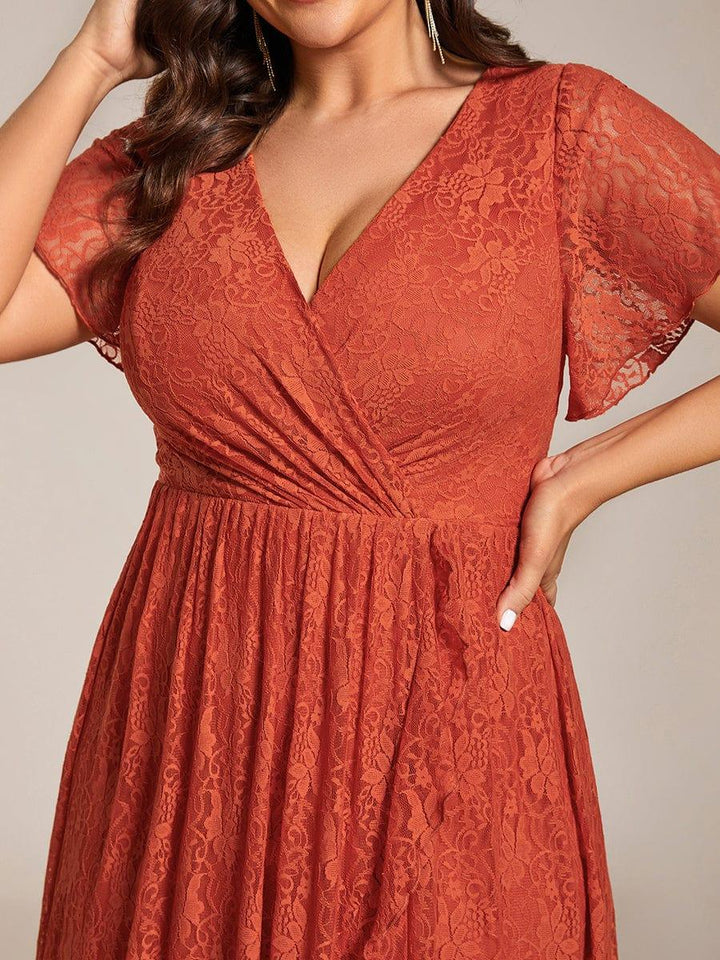 Plus size ruffled lace A-line evening dress with V-neck for women