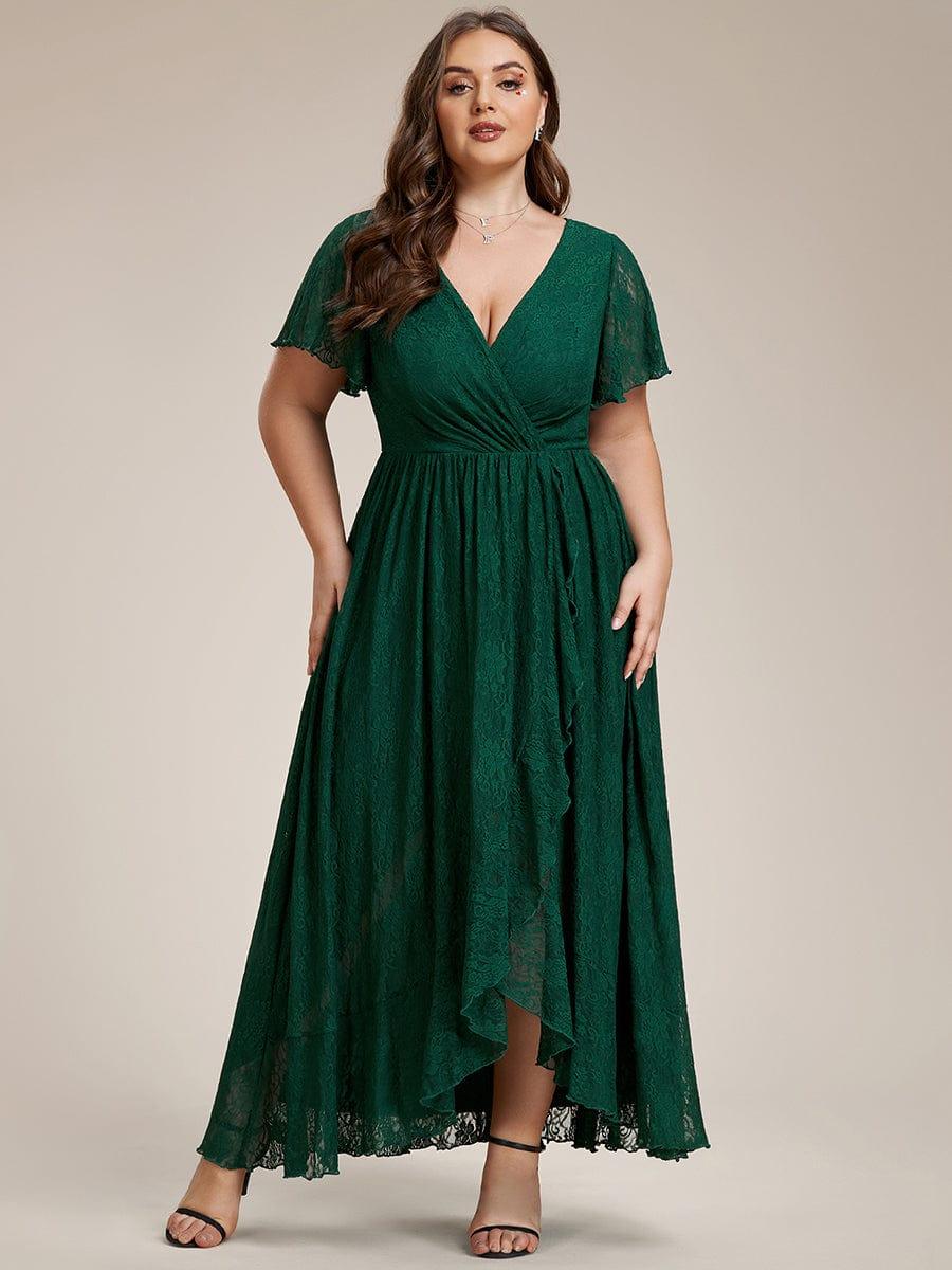 Plus size ruffled lace A-line evening dress with V-neck for women