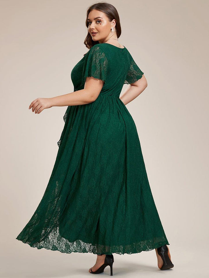 Plus size ruffled lace A-line evening dress with V-neck for women