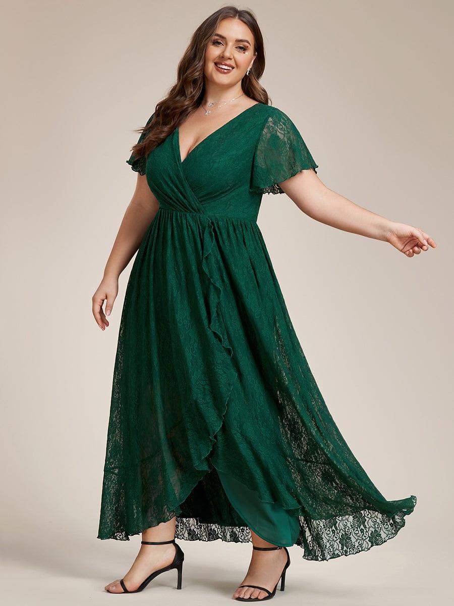 Plus size ruffled lace A-line evening dress with V-neck for women