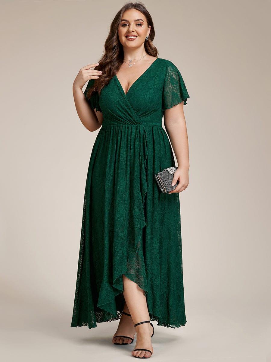 Plus size ruffled lace A-line evening dress with V-neck for women
