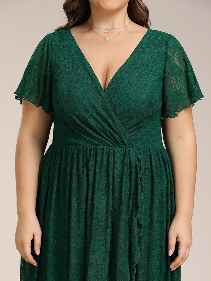 Plus size ruffled lace A-line evening dress with V-neck for women