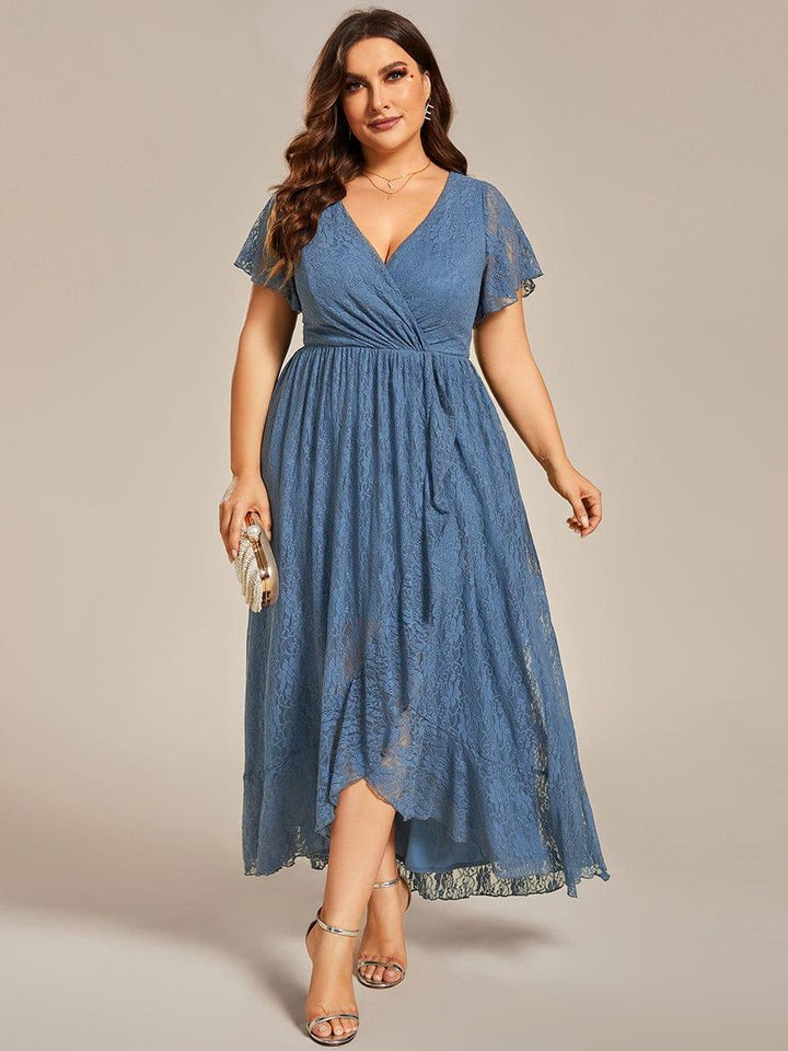 Plus size ruffled lace A-line evening dress with V-neck for women