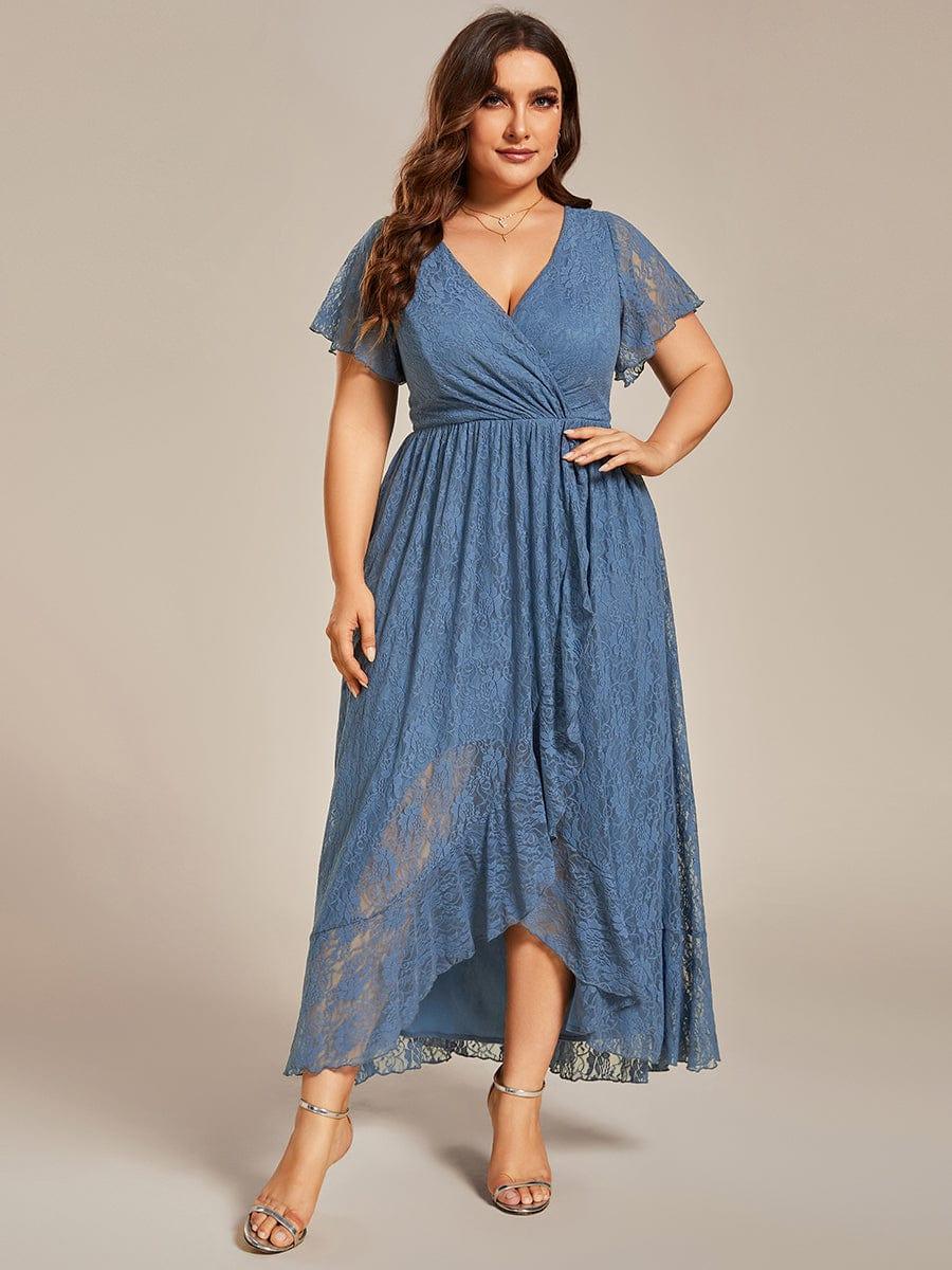 Plus size ruffled lace A-line evening dress with V-neck for women