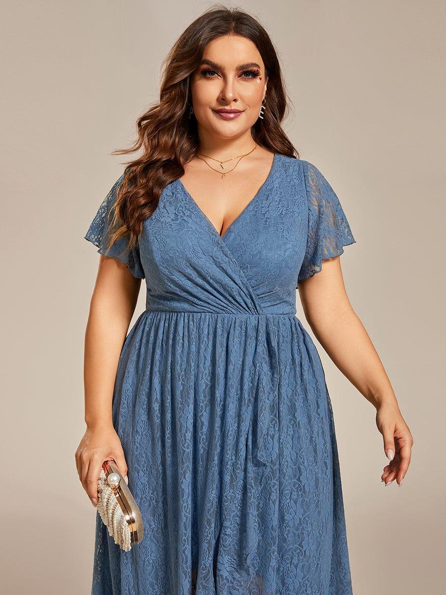 Plus size ruffled lace A-line evening dress with V-neck for women