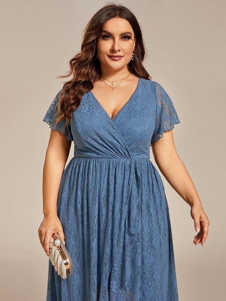 Plus size ruffled lace A-line evening dress with V-neck for women