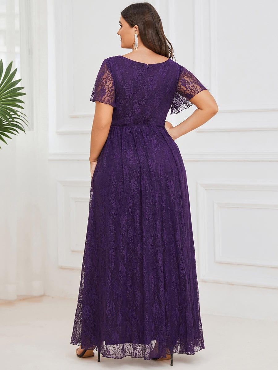 Plus size ruffled lace A-line evening dress with V-neck for women
