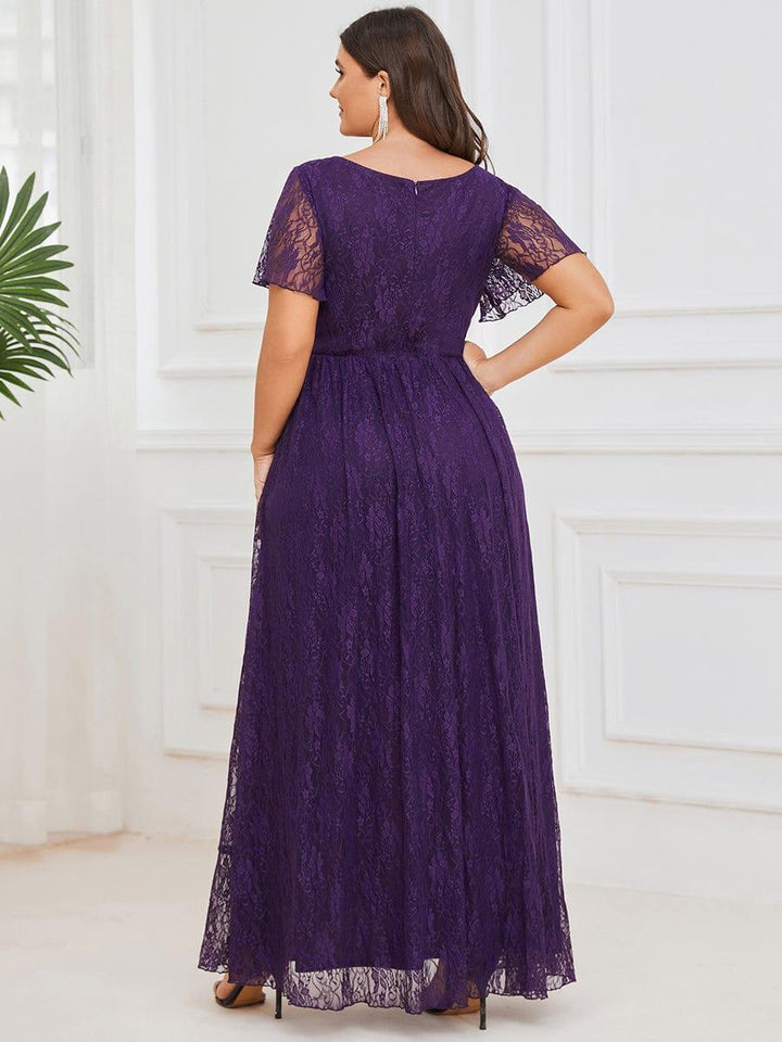 Plus size ruffled lace A-line evening dress with V-neck for women