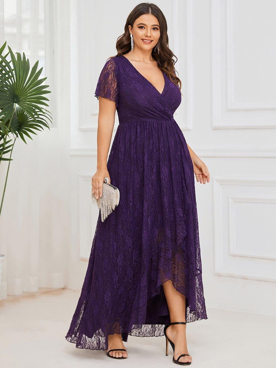 Plus size ruffled lace A-line evening dress with V-neck for women