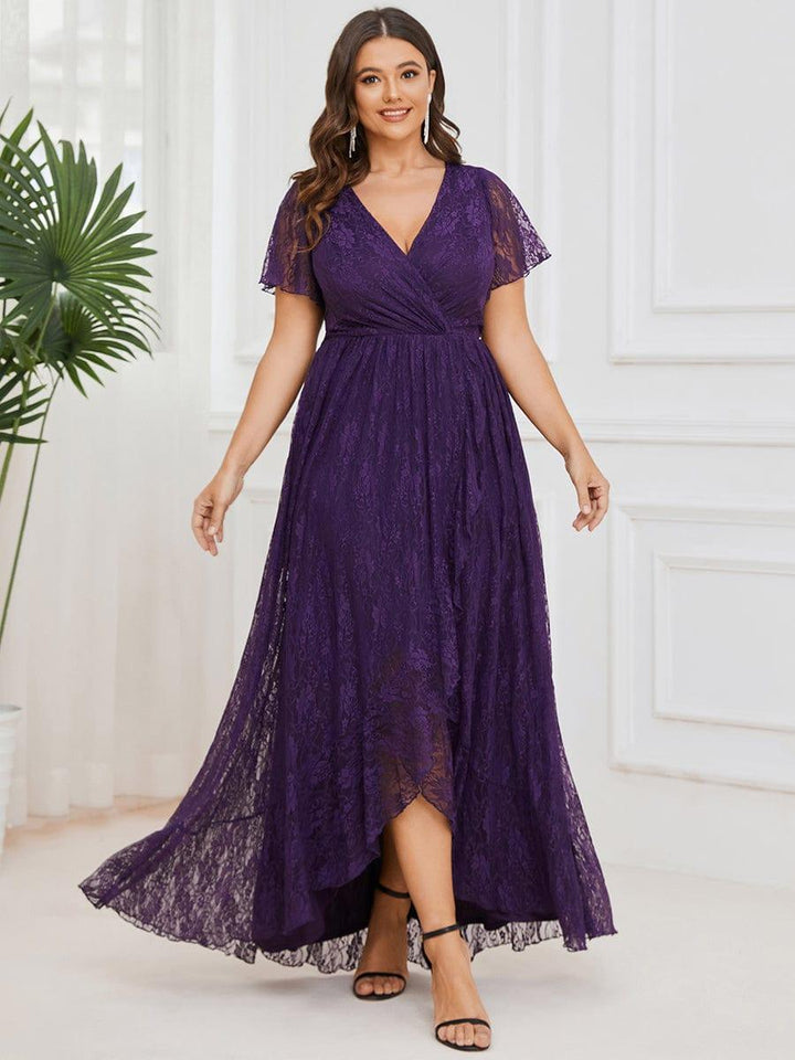 Plus size ruffled lace A-line evening dress with V-neck for women