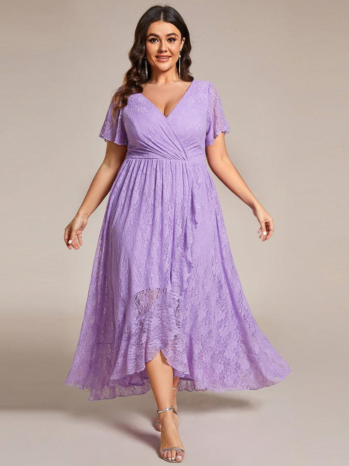 Plus size ruffled lace A-line evening dress with V-neck for women