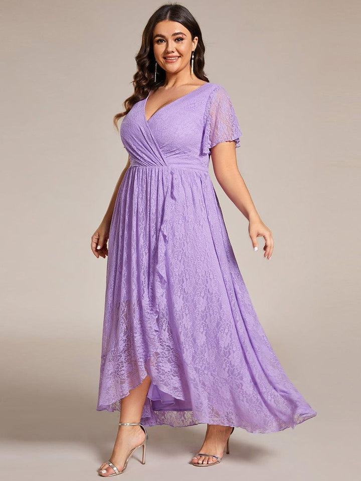 Plus size ruffled lace A-line evening dress with V-neck for women