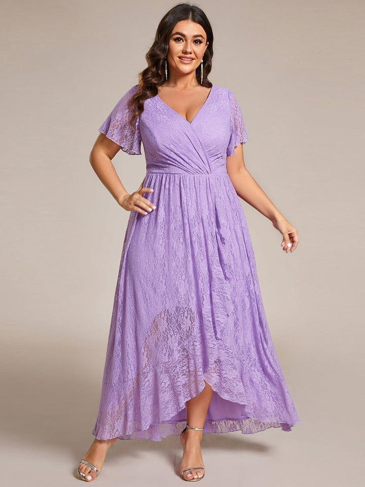 Plus size ruffled lace A-line evening dress with V-neck for women