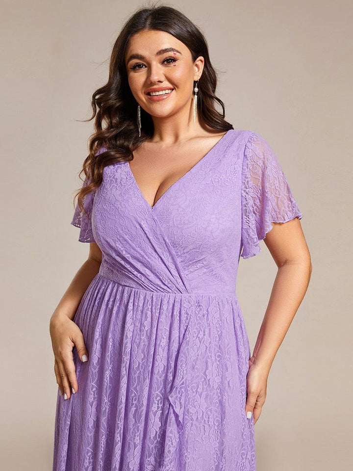 Plus size ruffled lace A-line evening dress with V-neck for women