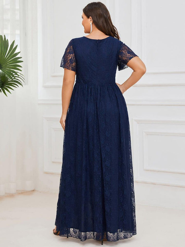 Plus size ruffled lace A-line evening dress with V-neck for women