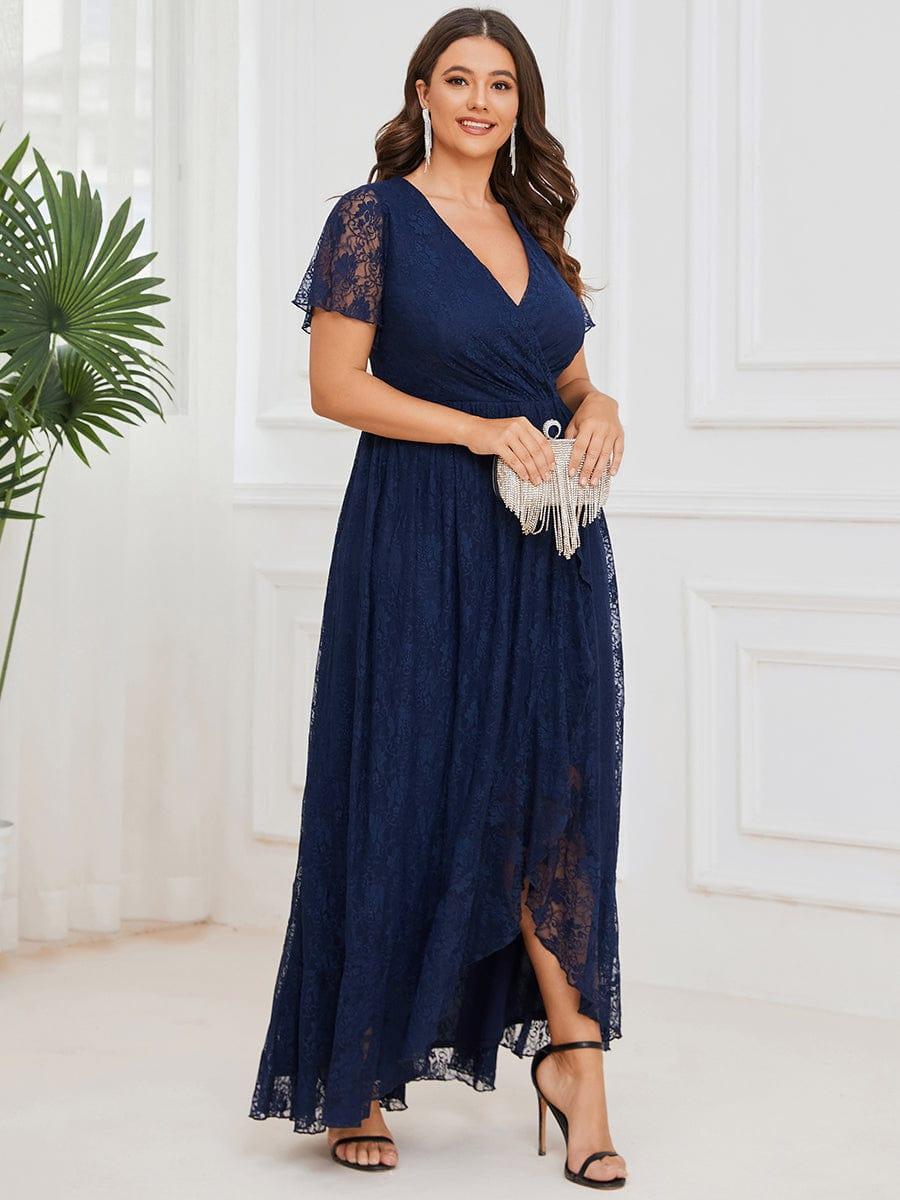 Plus size ruffled lace A-line evening dress with V-neck for women