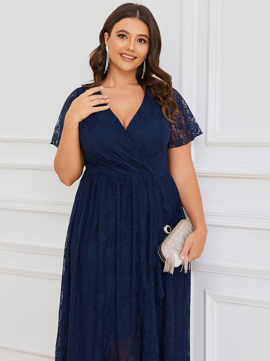Plus size ruffled lace A-line evening dress with V-neck for women