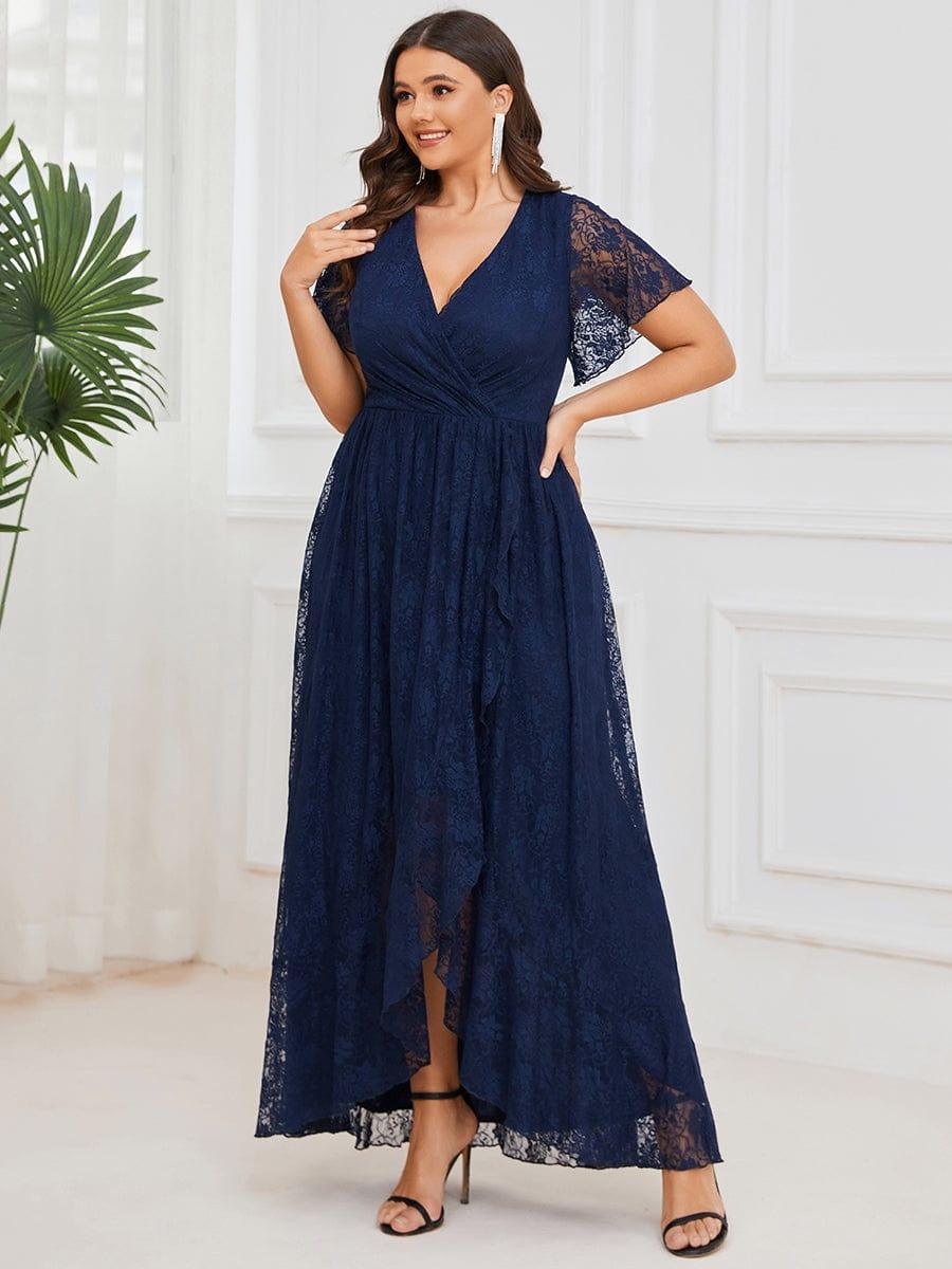 Plus size ruffled lace A-line evening dress with V-neck for women