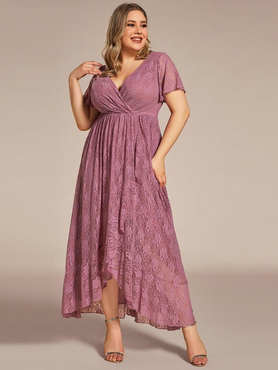 Plus size ruffled lace A-line evening dress with V-neck for women