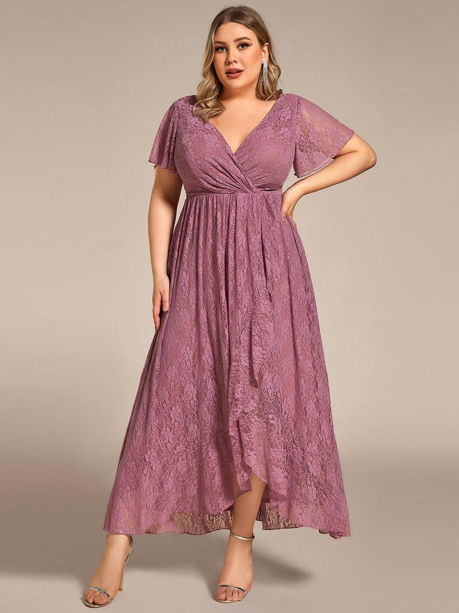 Plus size ruffled lace A-line evening dress with V-neck for women