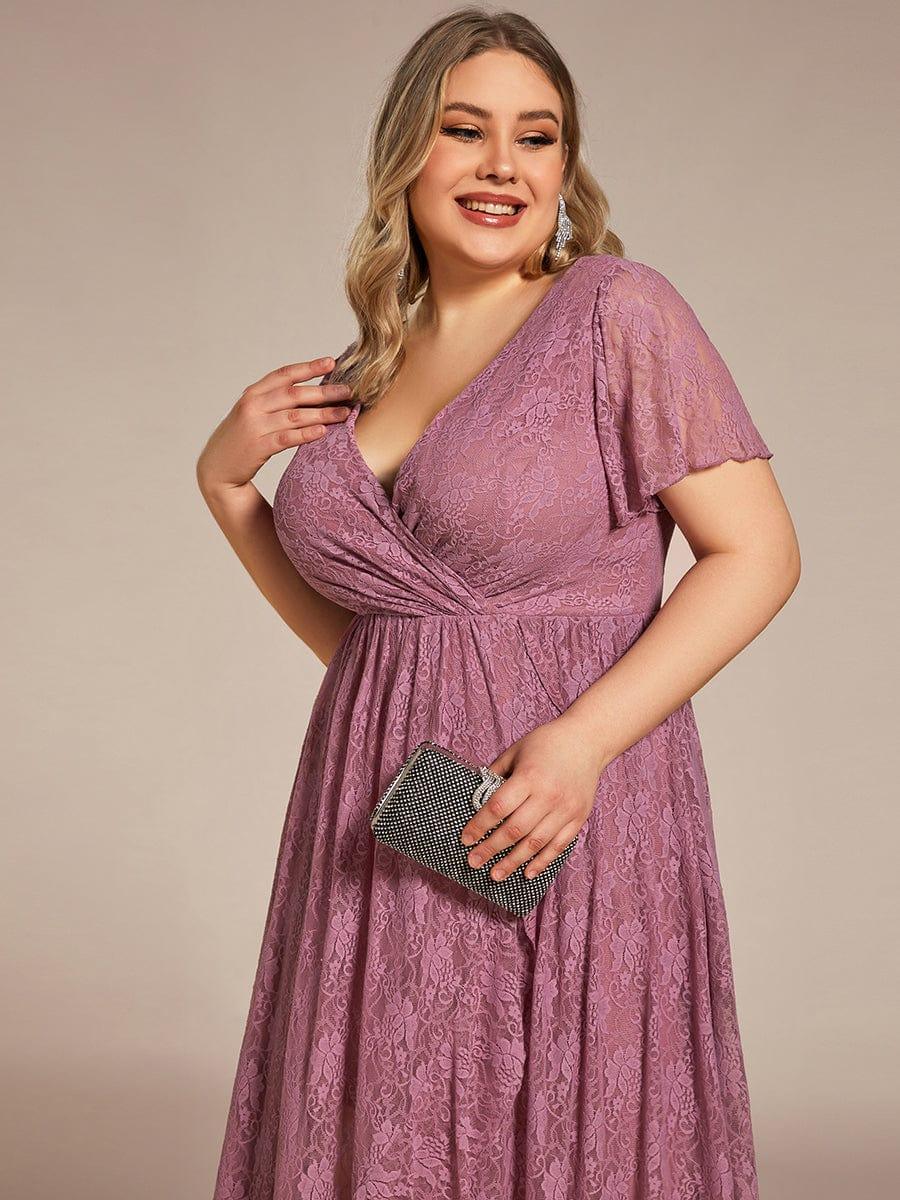 Plus size ruffled lace A-line evening dress with V-neck for women