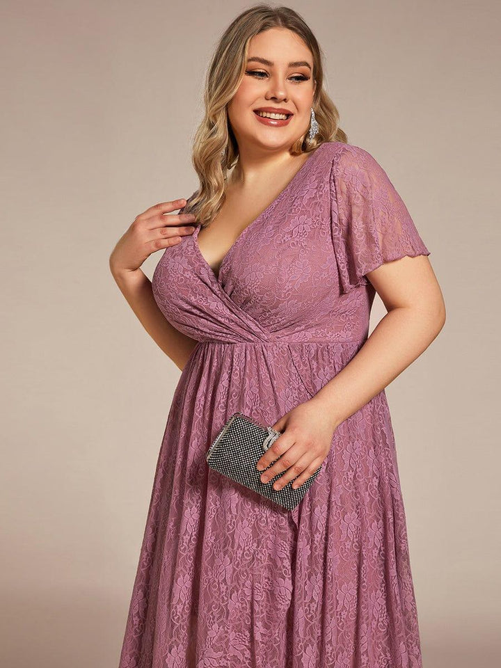 Plus size ruffled lace A-line evening dress with V-neck for women
