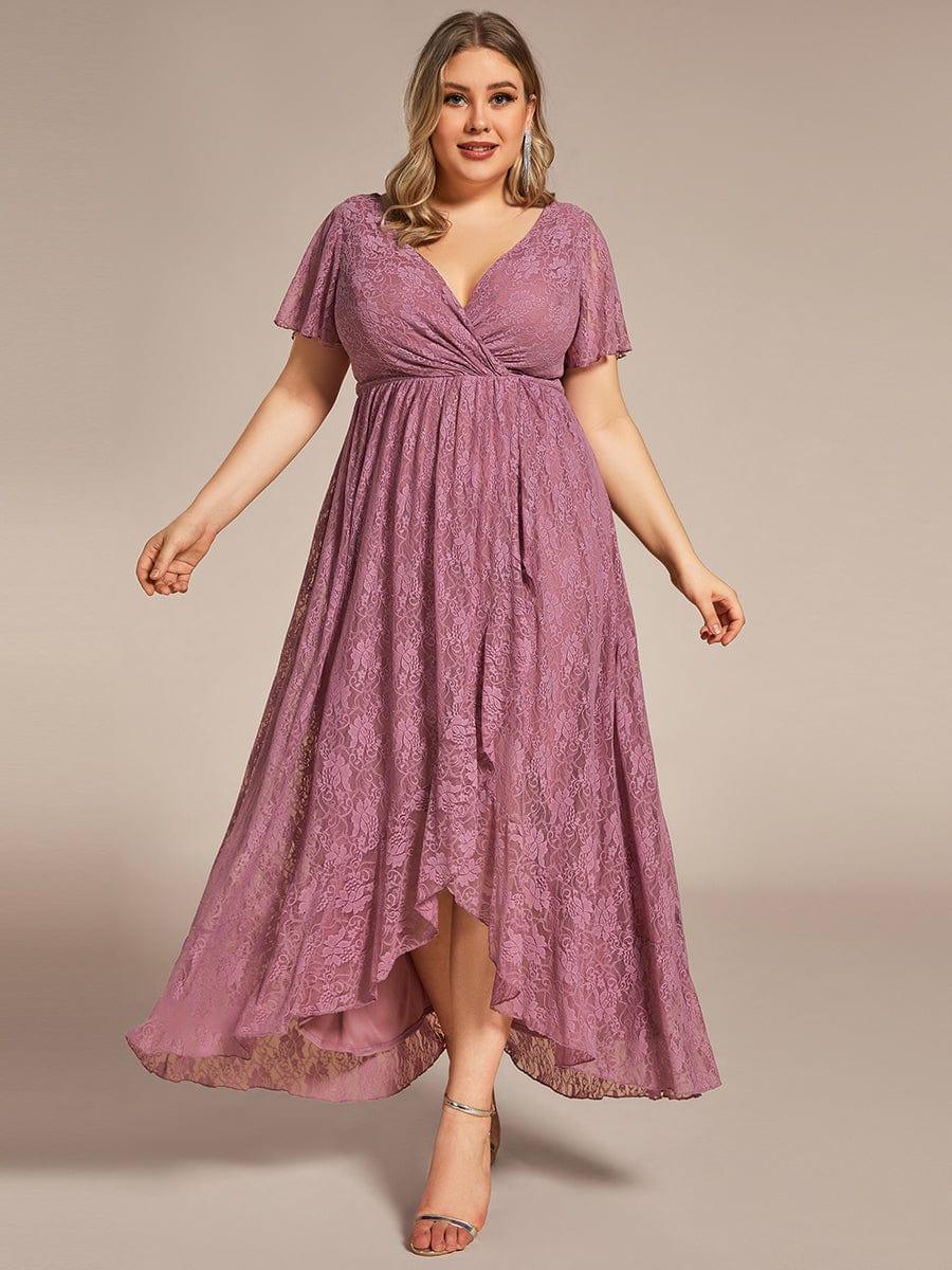 Plus size ruffled lace A-line evening dress with V-neck for women