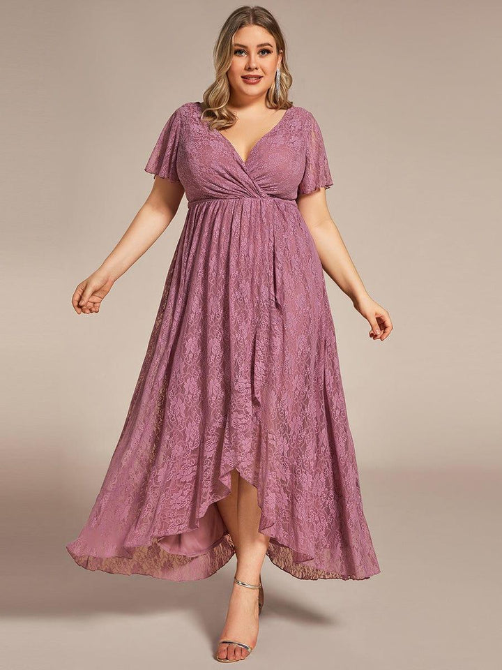 Plus size ruffled lace A-line evening dress with V-neck for women