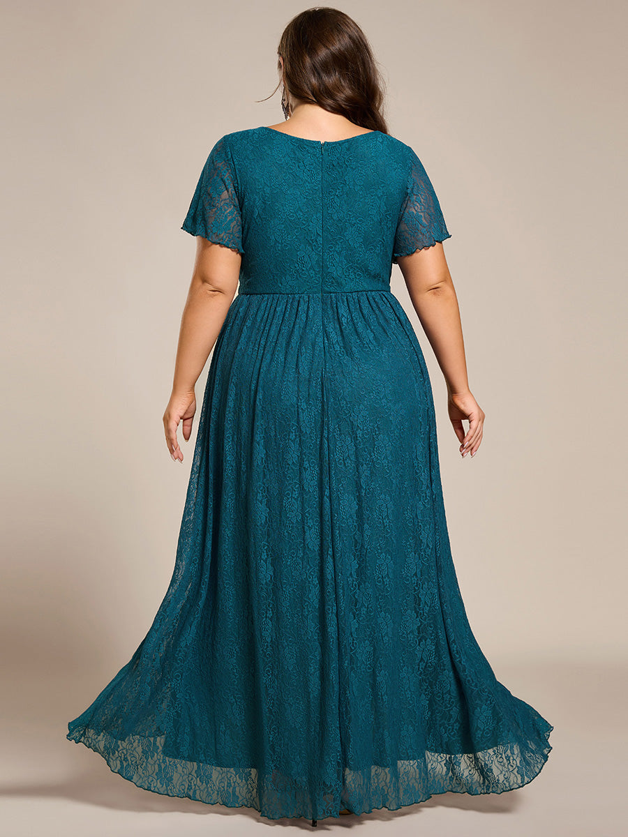 Plus size ruffled lace A-line evening dress with V-neck for women