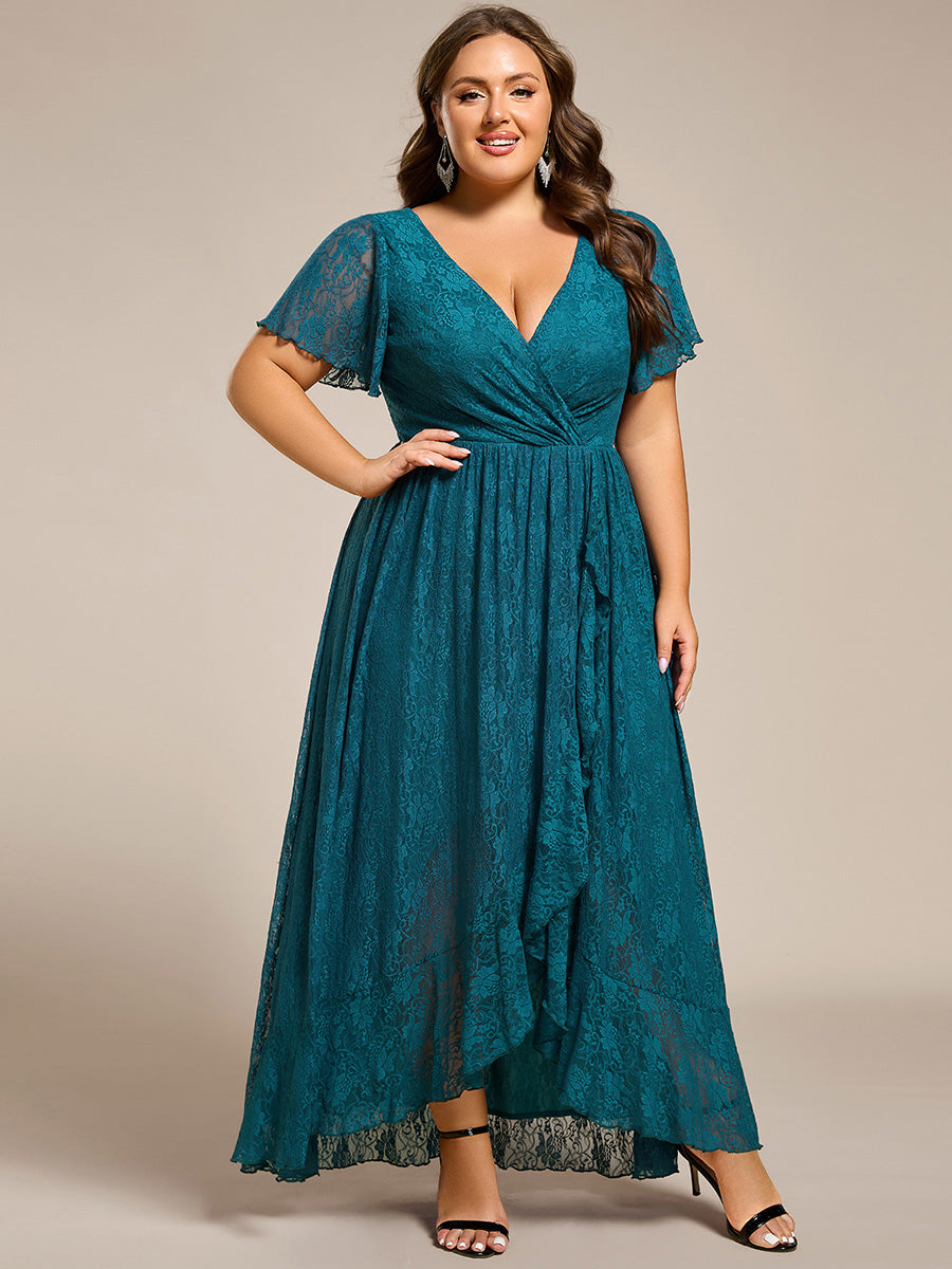 Plus size ruffled lace A-line evening dress with V-neck for women