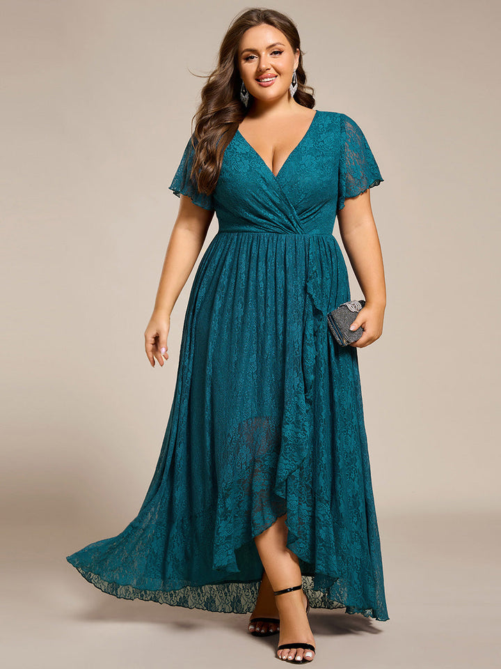 Plus size ruffled lace A-line evening dress with V-neck for women