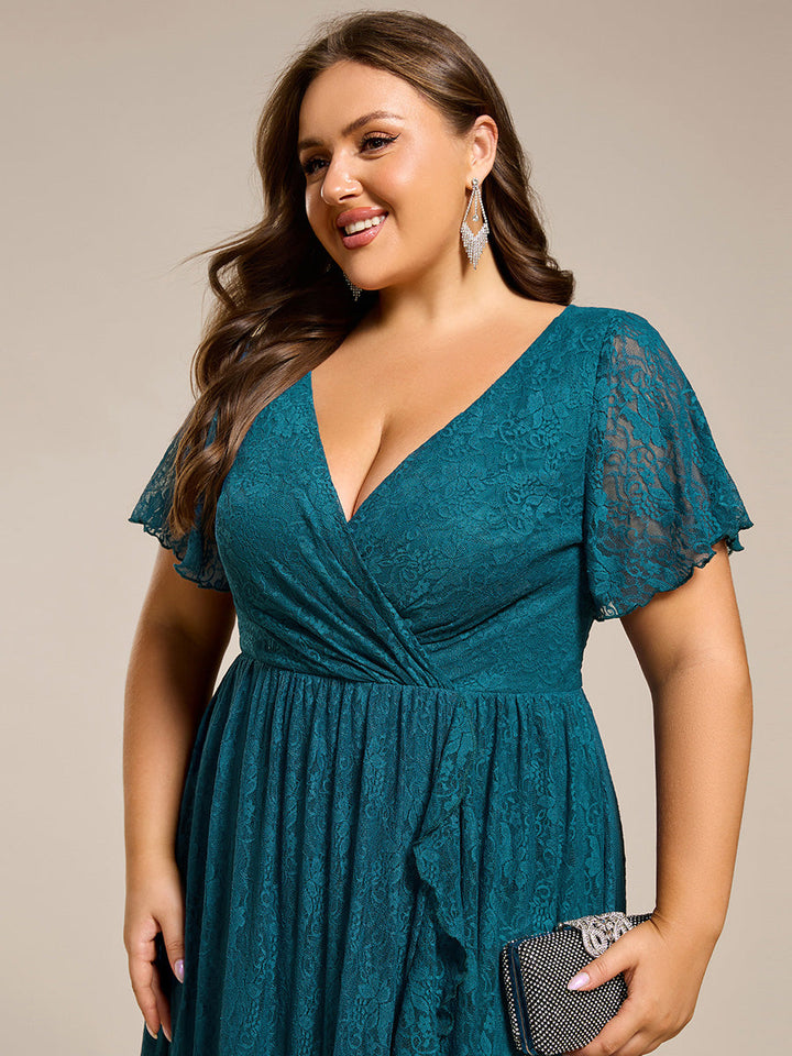Plus size ruffled lace A-line evening dress with V-neck for women