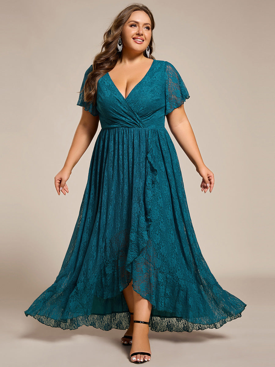 Plus size ruffled lace A-line evening dress with V-neck for women
