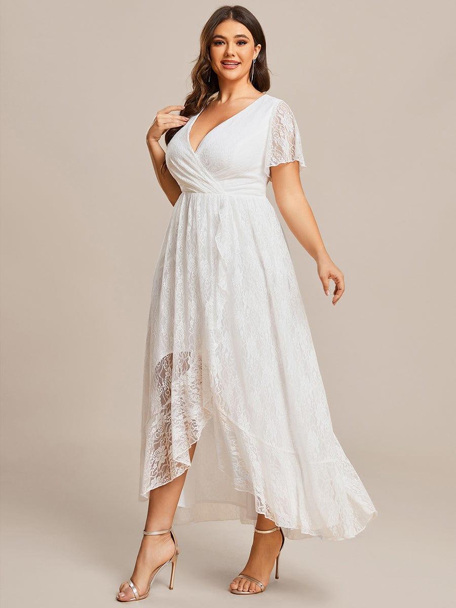 Plus size ruffled lace A-line evening dress with V-neck for women