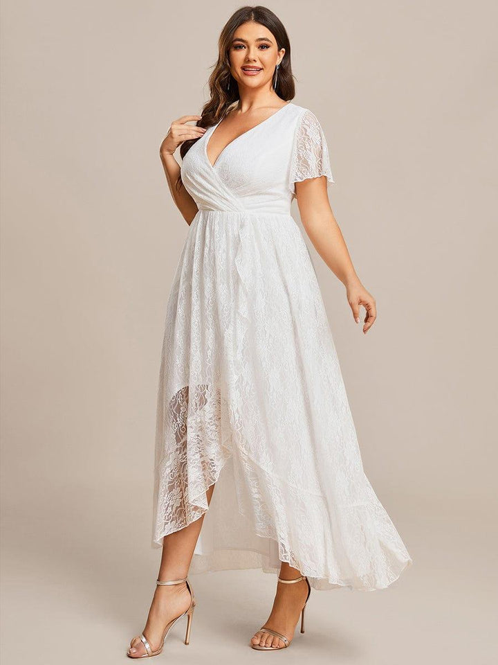 Plus size ruffled lace A-line evening dress with V-neck for women