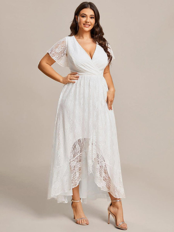 Plus size ruffled lace A-line evening dress with V-neck for women