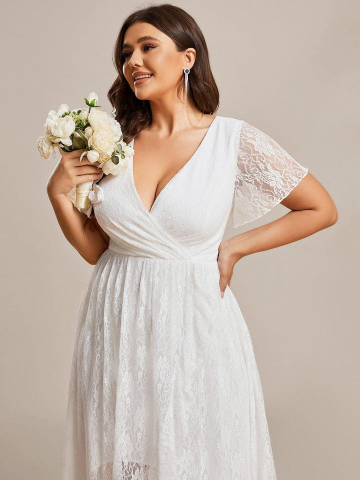 Plus size ruffled lace A-line evening dress with V-neck for women