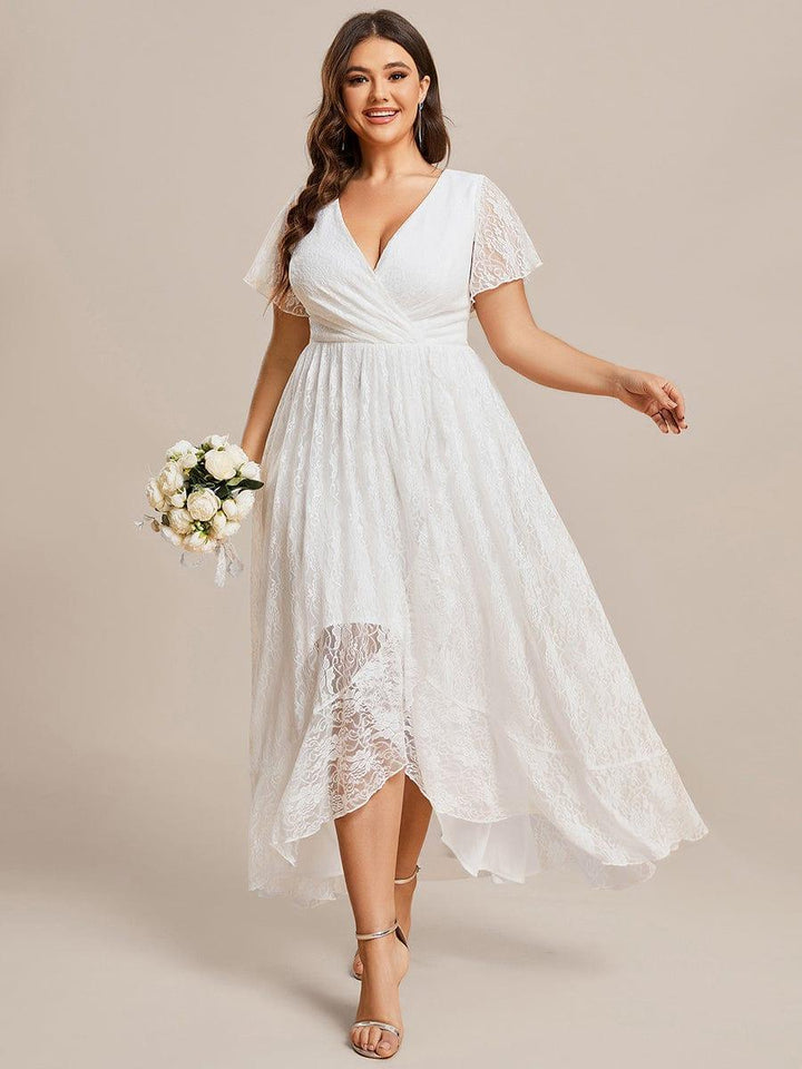 Plus size ruffled lace A-line evening dress with V-neck for women