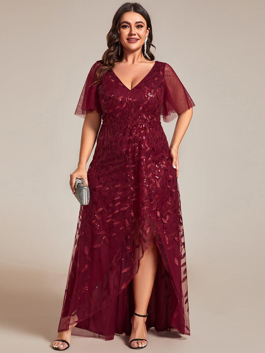 Plus size sequin high-low midi evening dress with short sleeves for women