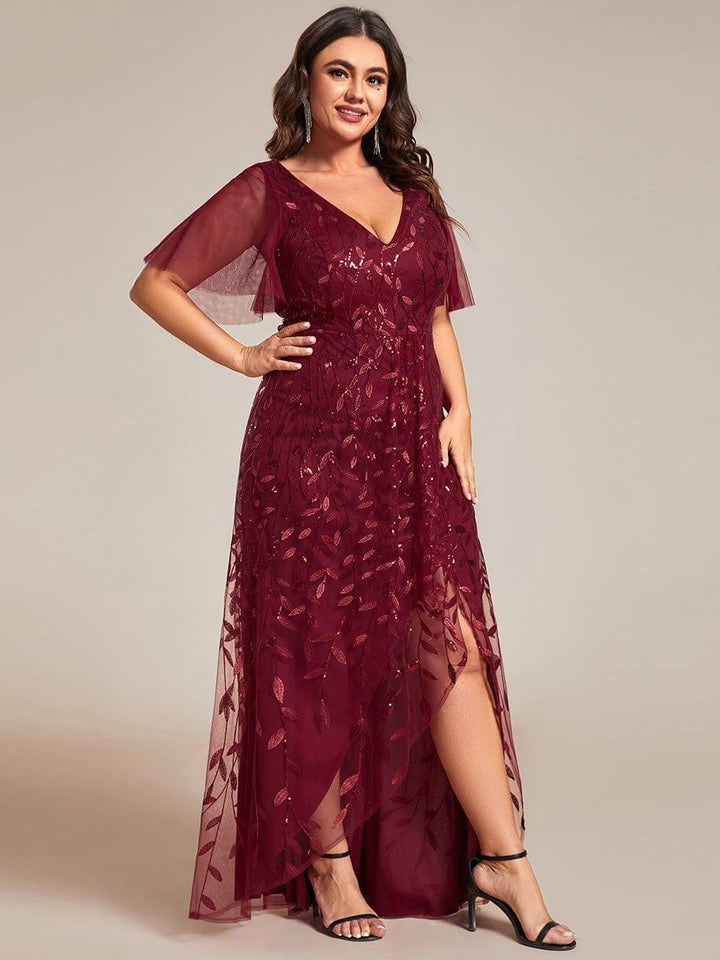 Plus size sequin high-low midi evening dress with short sleeves for women