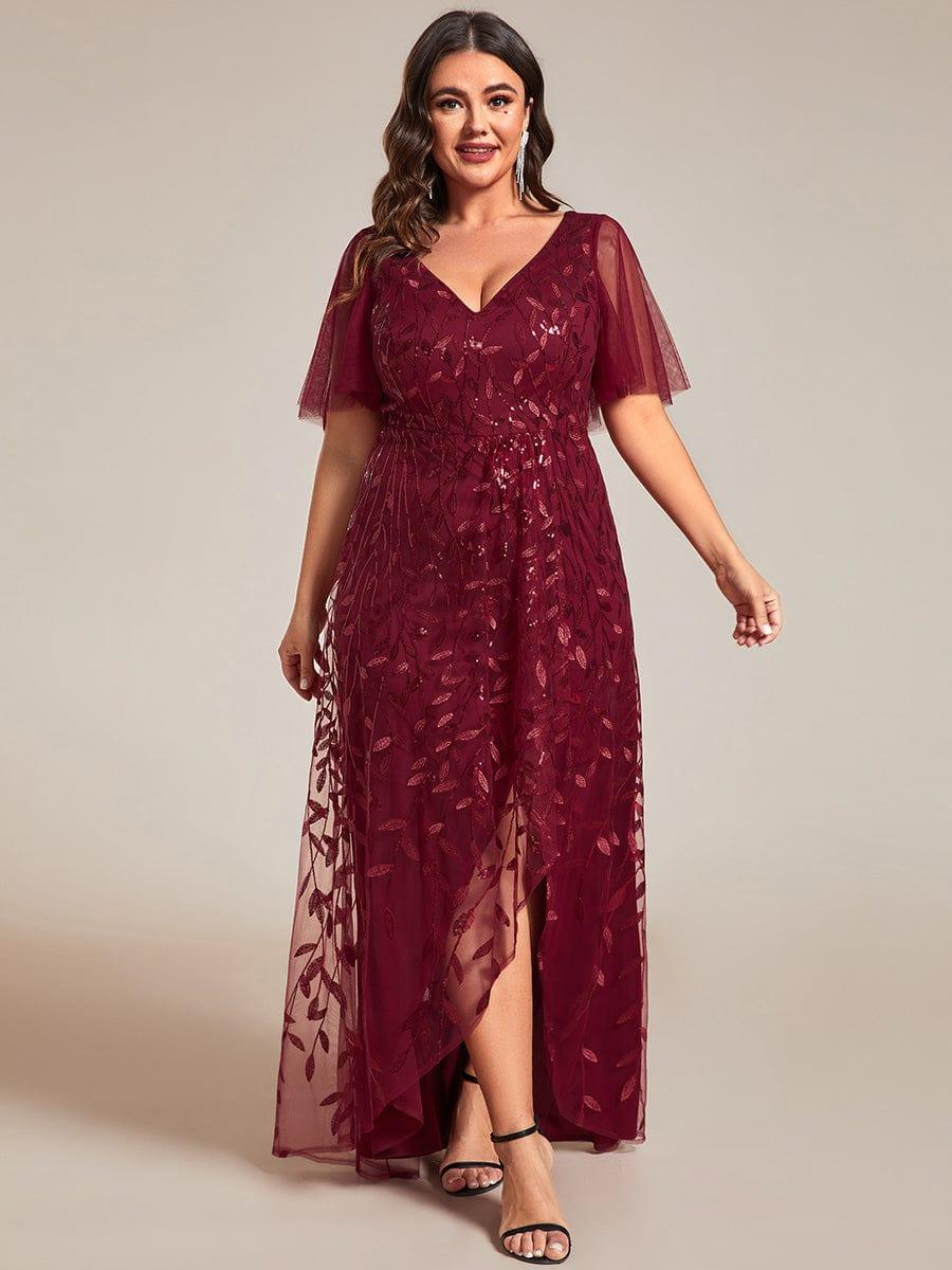 Plus size sequin high-low midi evening dress with short sleeves for women