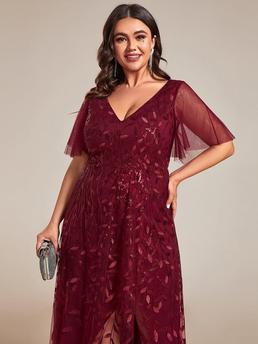 Plus size sequin high-low midi evening dress with short sleeves for women