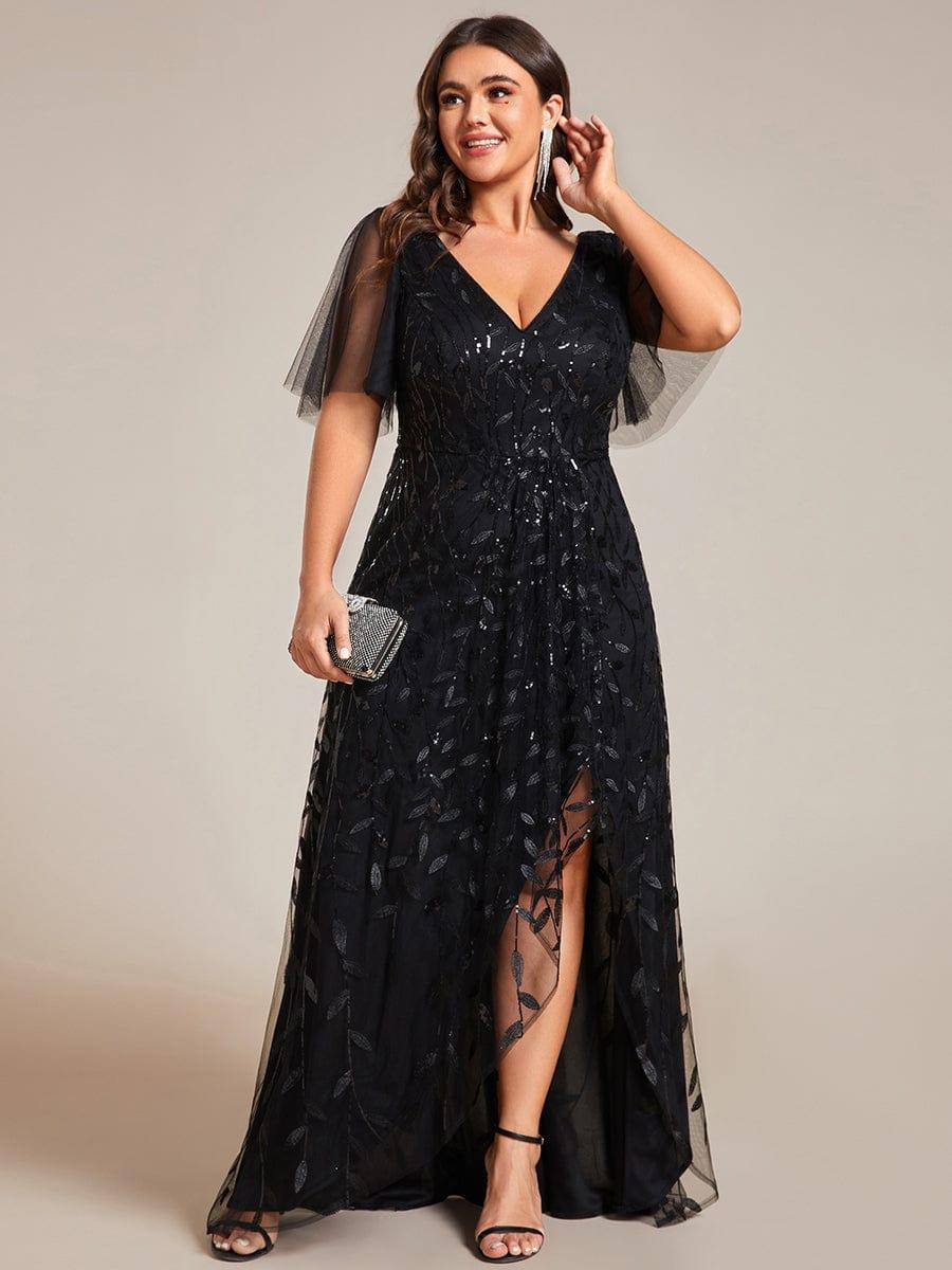 Plus size sequin high-low midi evening dress with short sleeves for women