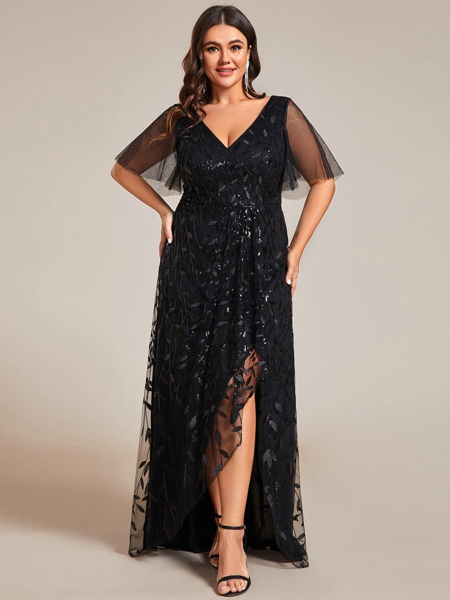 Plus size sequin high-low midi evening dress with short sleeves for women